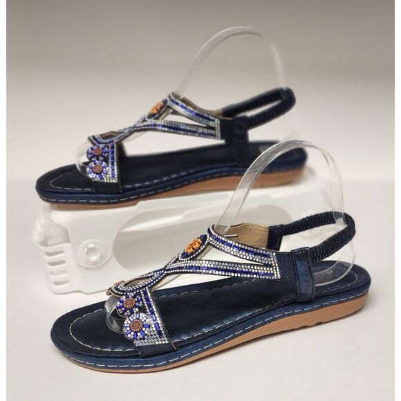 dexflex comfort Shoes - Women's Blue Rhinestone T-Strap Flat Boho Gemstone Slingback Slip-On Shoes US 9